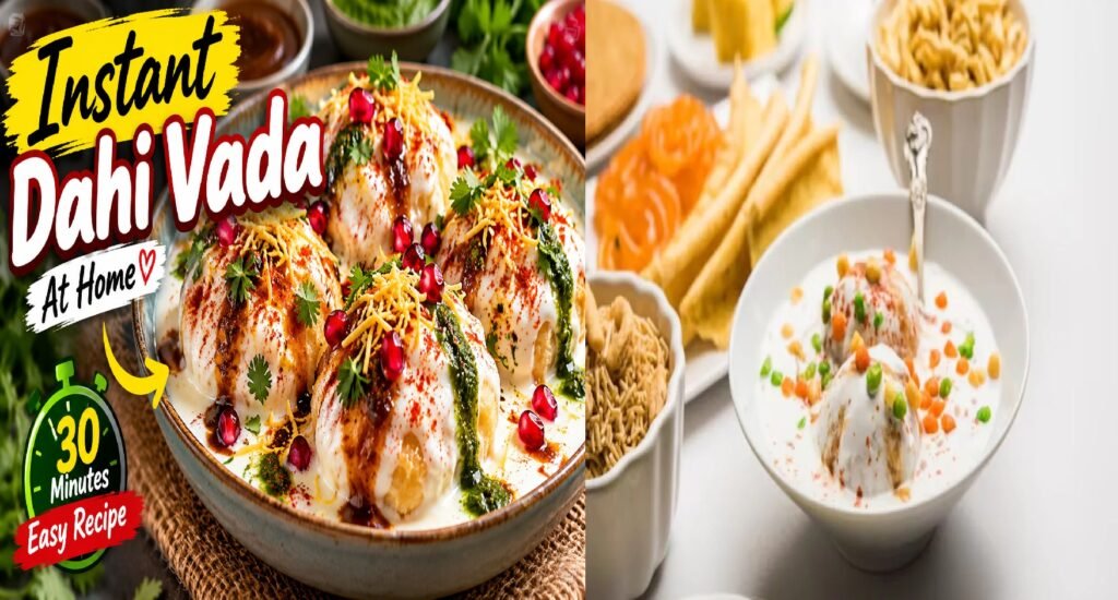 Homemade soft Dahi Vada topped with creamy yogurt, tamarind chutney, green chutney and Indian spices.