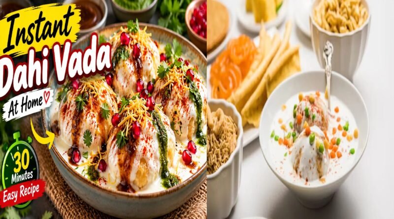Homemade soft Dahi Vada topped with creamy yogurt, tamarind chutney, green chutney and Indian spices.