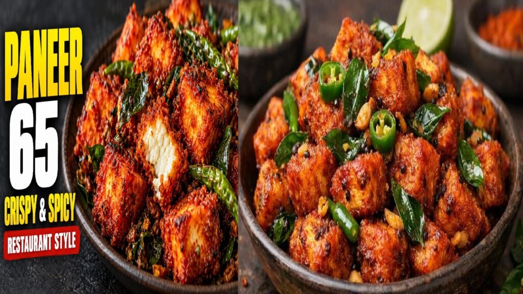 Crispy restaurant-style Paneer 65 garnished with fried curry leaves, green chillies, and lemon wedges.