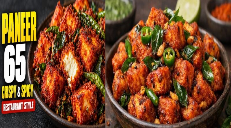 Crispy restaurant-style Paneer 65 garnished with fried curry leaves, green chillies, and lemon wedges.